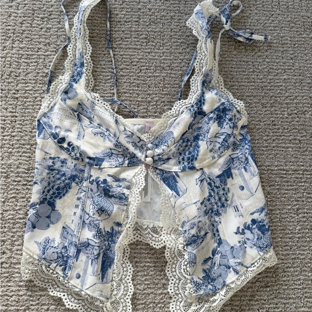 Urban Outfitters Cream and Blue Lace Floral Top